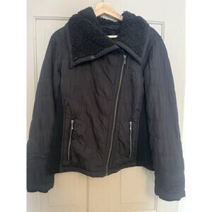 PrAna Jacket Women's Large Black Quilted Sherpa Fleece Lined Asym Zip Moto